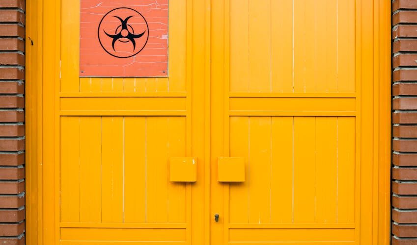 yellow door with biohazard warning sign on brick wall